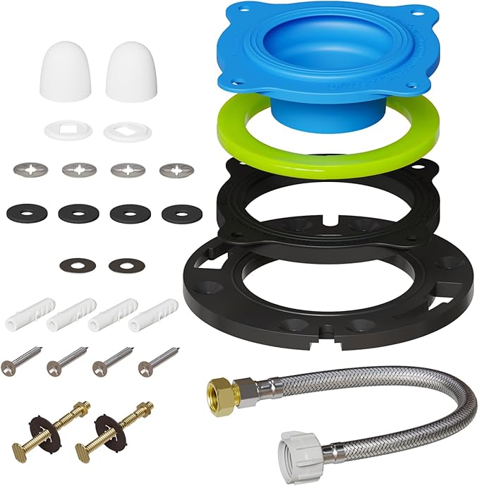 Toilet Flange Repair Kit with 16" Stainless Steel Supply Hose & Elastic Wax-Free Ring – Complete Toilet Installation Kit for 3"/4" Drain, DIY Toilet Repair Kit with No-Leak Seal