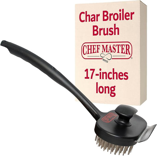 Chef-Master 90051 Char-Broiler BBQ Grill Brush | Extra Long 17-Inch Handle | Durable Wire Bristles | Extra Grip Dual Handles | BBQ Brush for Grill Cleaning
