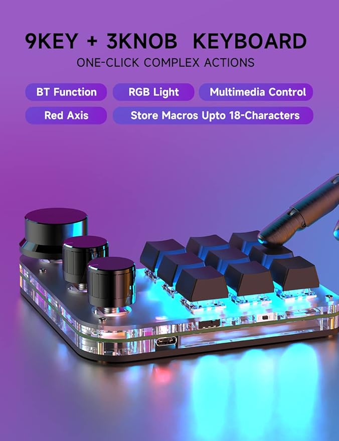 9-Keys USB Mini Keypad, Programming Macro Pad with 3 Knobs, RGB Macro Mechanical Gaming Keyboard for OSU NKRO, Hot-Keys One-Handed Mechanical Keyboard (9Key 2.4G)