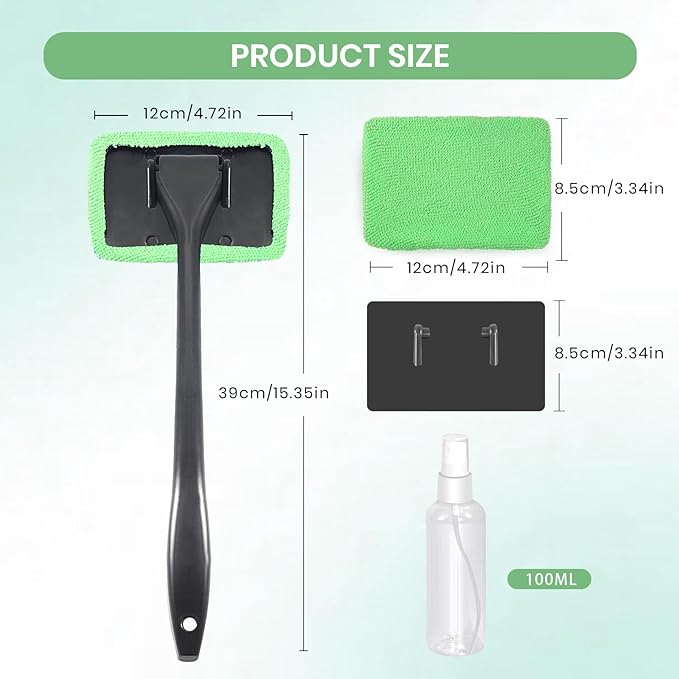 6PCS Windshield Cleaning Tool Car Window Cleaner with 5 Reusable and Washable Microfiber Pads and Extendable Handle Auto Inside Glass Wiper Kit Green (Green)