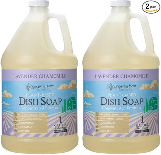 Ginger Lily Farms Botanicals Plant-Based Liquid Dish Soap, Concentrated Formula with Max Grease Cleaning Power, Cruelty-Free, Lavender Chamomile Scent, 1 Gallon Refill (128 Fl. Oz.), (Pack of 2)