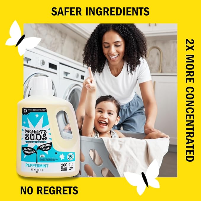 Molly's Suds Liquid Laundry Detergent | Clean Laundry Detergent Soap for Sensitive Skin | 2x Concentrated, High Efficiency (HE) (Peppermint - 200 Loads) (Pack of 2)