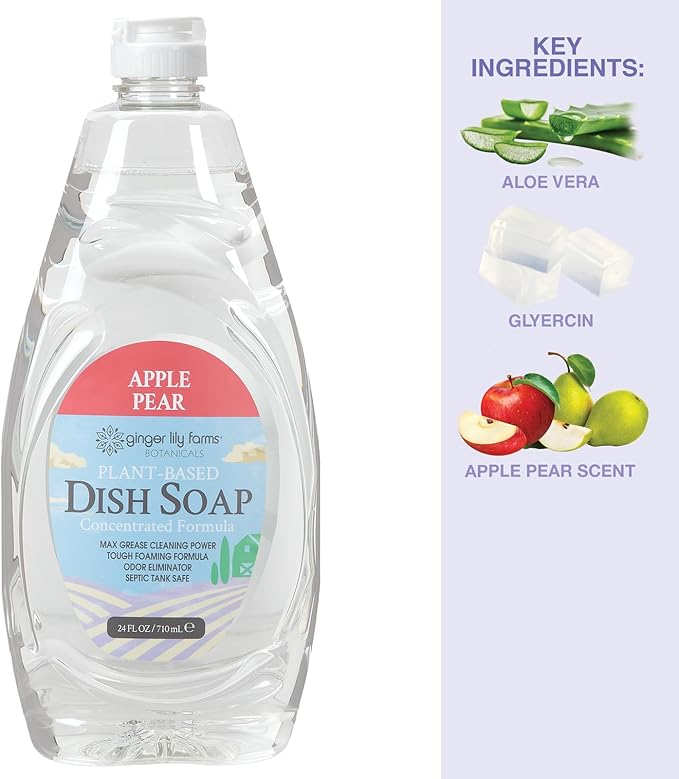 Ginger Lily Farms Botanicals Plant-Based Liquid Dish Soap, Concentrated Formula with Max Grease Cleaning Power, Cruelty-Free, Apple Pear Scent, 24 Fl Oz