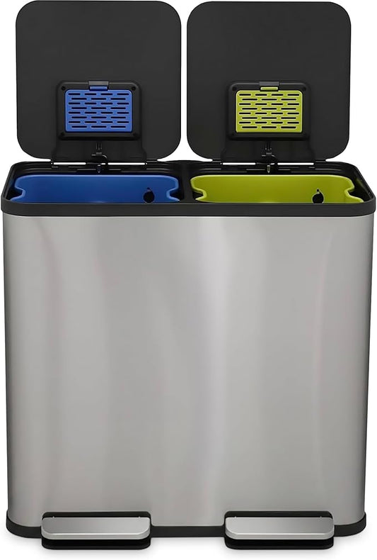 80 Liter / 21 Gallon Rectangular Hands-Free Dual Compartment Recycling Kitchen Step Trash Can with Soft-Close Single Lid, Stainless Steel (40L x 40 L Capacity) Stainless Steel Finish