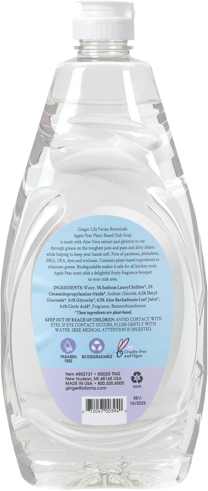 Ginger Lily Farms Botanicals Plant-Based Liquid Dish Soap, Concentrated Formula with Max Grease Cleaning Power, Cruelty-Free, Apple Pear Scent, 24 Fl Oz