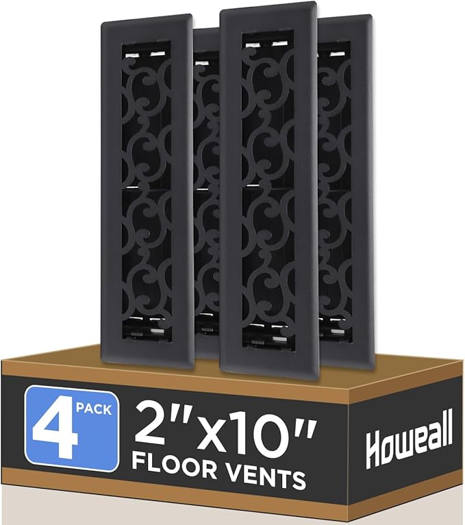 2x10 Inches 4 Pack Heavy Duty Walkable Floor Register - Easy Adjust Air Supply Lever Decorative Floor Vent Covers, Savannah Design Vent Covers for Home - Matte Black