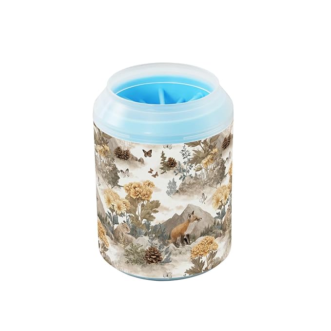 Dog Paw Cleaner Cups for Dogs Pets Foot Washer Paw Scrubber for Medium Small Cats Dogs Cute Cleaning Cup Beige Fox Flowers Mountains Butterflies