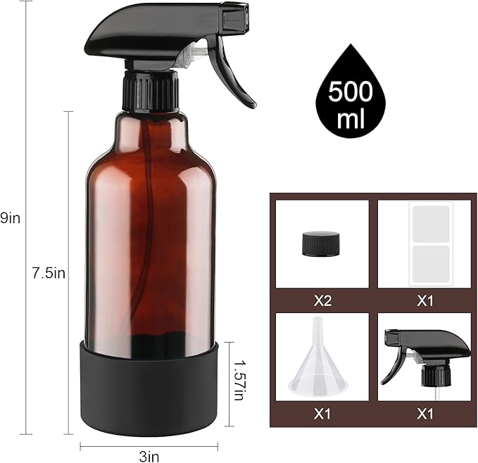 Glass Spray Bottles with Silicone Sleeve, 2 Pack 16 oz Refillable Containers with Adjustable Spray Nozzles, Empty Bottle Spray for Cleaning Solutions, Hair, Plants (Black+Green)