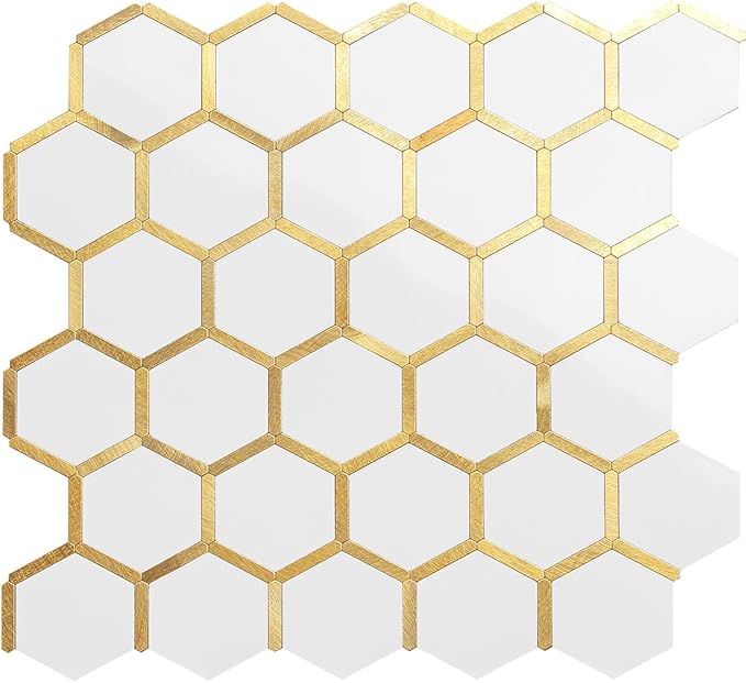 DICOFUN 1 Sheet Hexagon Peel and Stick Backsplash Tile, Polished White Tile Look Mixed Gold Kitchen Backsplash Peel and Stick Wall Tiles