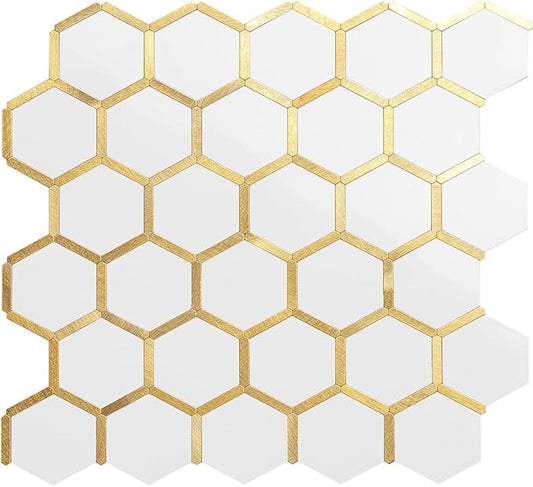 DICOFUN 1 Sheet Hexagon Peel and Stick Backsplash Tile, Polished White Tile Look Mixed Gold Kitchen Backsplash Peel and Stick Wall Tiles