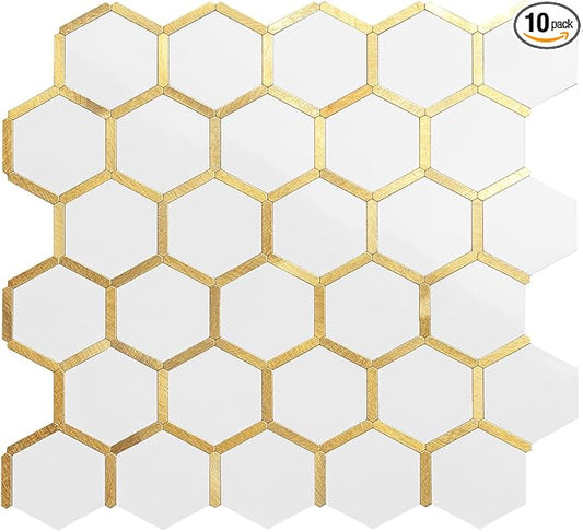DICOFUN 10-Sheet Hexagon Peel and Stick Backsplash Tile, Polished White Tile Look Mixed Gold Kitchen Backsplash Peel and Stick Wall Tiles