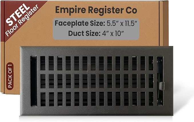 Empire Register Co, Steel Floor Register - 4x10 inch, Modern Contemporary Design, Textured Black Finish, Heavy Duty Walkable Steel Vents, Metal Damper Attached Air Vents for Home Floor only