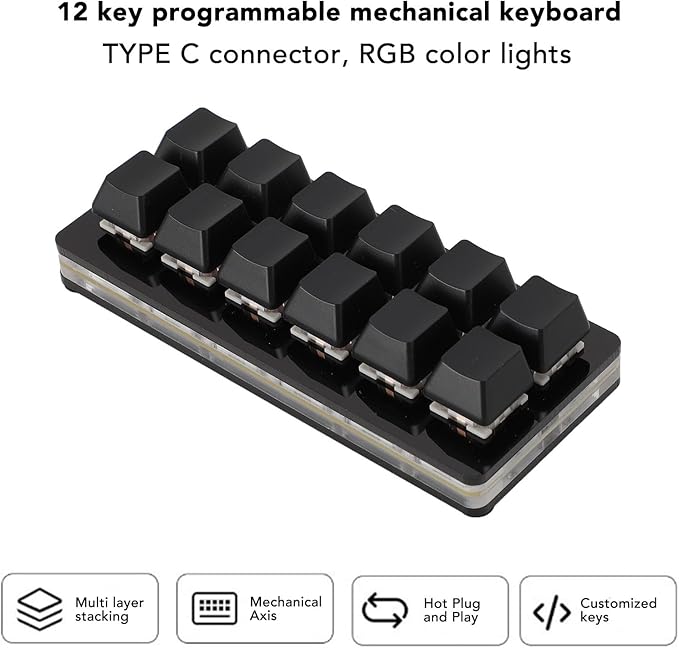 12 Key USB Mini Keyboard with Programmable Macros,USB Type C Wired Programmable RGB Custom One Handed Gaming Keyboard Mechanical Red Switch Gaming Keyboard OSU Keypad for PC