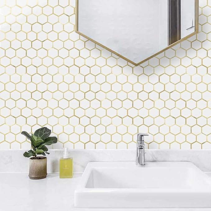 DICOFUN 1 Sheet Hexagon Peel and Stick Backsplash Tile, Polished Marble Look Mixed Light Gold Kitchen Backsplash Peel and Stick Wall Tiles