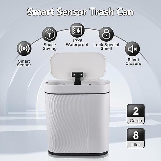 Bathroom Trash Cans with Lid 2 Gallon Automatic Trash Can, Small Motion Sensor Garbage Can, Slim Smart Trash Bin, Waterproof Plastic Garbage Bin for Bathroom, Bedroom, Living Room, Kitchen