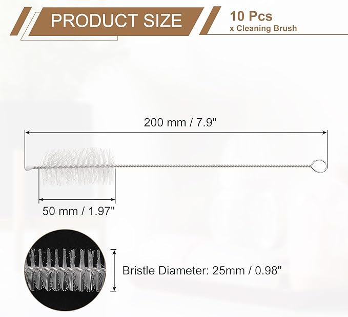 HARFINGTON Straw Cleaner Brush Set, 8 Inch Length 304 Stainless Steel and Nylon Bristles for Water Bottle Silicone Straw Sippy Cup Pipes, White (25mm OD, 10-Piece-Set)