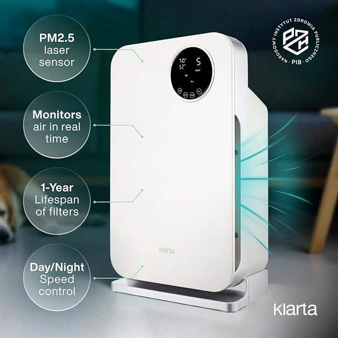 Air Purifier for Home - Smart WiFi App - Ultra Quiet 20 dB - Removes Allergens, Smoke & Odors - 99.97% Particle Filtration - Up to 1200 ft - Klarta Forste White
