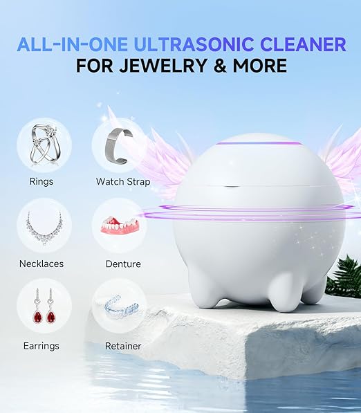 Ultrasonic Jewelry Cleaner Machine, 45KHz Retainer Cleaner Ultrasonic Professional for Dentures, Ring, Earrings Sterling Silver Deep Cleaning with 4 Modes, Timer, Low Noise, 304 Stainless Steel Tank