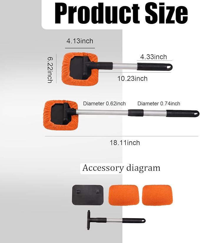 Car Glass Cleaner Wiper,Windshield Cleaning Tool, Microfiber Window Cleaner with Extendable Handle,Auto Glass Wiper Kit(Orange Square)