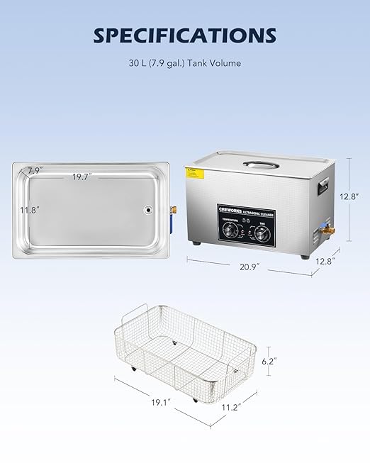 CREWORKS 30L Ultrasonic Cleaner with Heater & Timer, 600W 304 Stainless Steel Sonic Cleaner, 7.9 gal Ultrasonic Parts Cleaner with Knobs, Professional Lab Ultrasonic Cleaner for Auto Tool Machine Part