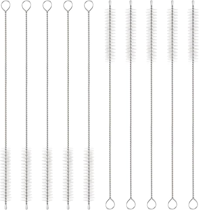 HARFINGTON Straw Cleaner Brush Set, 8 Inch Length 304 Stainless Steel and Nylon Bristles for Water Bottle Silicone Straw Sippy Cup Pipes, White (10mm OD, 10-Piece-Set)