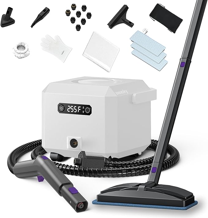 Steam Cleaner: 1650W, Fast 50-Sec Heat-Up-21-Piece Kit Refill Anytime-No Cooling-Detachable Hose Steamer Mop for Home Use Car Bed Furniture Bathroom Tile Grout Floor Cleaning And More White