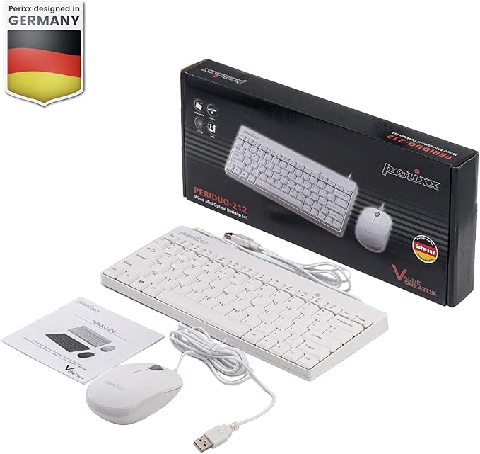 Perixx PERIDUO-212W, Wired Mini Keyboard and Mouse Set, USB Connection, White, US English Layout