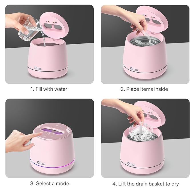 Drixo Ultrasonic Retainer Cleaner Machine, IPX6 Waterproof Dental Cleaning Pod, 3 Modes Denture Cleaner for Night Guard Mouth Guard Braces, 45kHz Denture Dome with UV Light, 200ML Tank, Pink