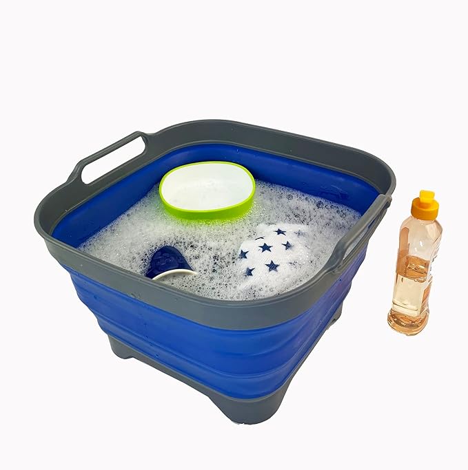 SAMMART 10L (2.64 Gallon) Collapsible Dishpan with Draining Plug - Foldable Washing Basin - Portable Dish Washing Tub - Space Saving Kitchen Storage Tray (Grey/Purplish Blue)
