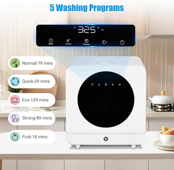 Countertop Dishwasher, Portable Dishwasher with 5 Wash Programs, Touch Control, Air-Dry, Dual Water Supply, Tabletop Dishwasher for Home, Apartments, 20.16"x19.96"x20.79", White