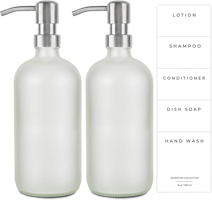 Emerson Essentials Soap Dispenser, Glass Bottles for Kitchen, Soap Bottles Bathroom Set, Kitchen Dispenser Set, Hand Wash and Dish Soap Frost | 2 Pack 16 oz Waterproof Labels
