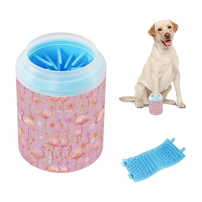 Dog Paw Cleaner Cups for Dogs Pets Foot Washer Paw Scrubber for Medium Small Cats Dogs Cute Cleaning Cup Pink Gradient Flamingo and Petals