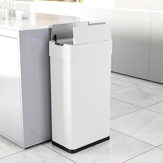TLSUNNY 18.5 Gallon Automatic Trash Can, Stainless Steel Motion Sensor Garbage bin, Smart Trash Can W/Butterfly Lid, Bag Retainer Ring and Display Light for Living Room,Kitchen,Office (White, 70L)