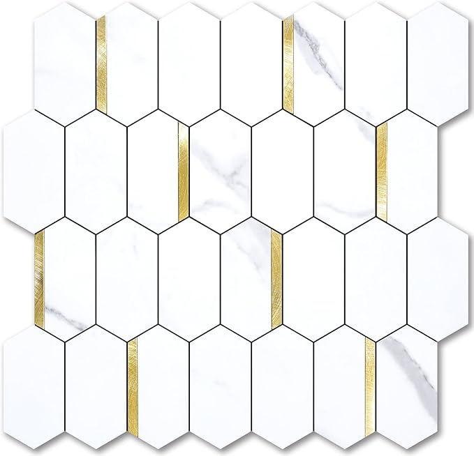 Vamos Tile Long Hexagon Peel and Stick Backsplash Tile - 10 Sheets Stick on Backsplash for Kitchen and Bathroom 12.4 x 12 Inch White Marble Look PVC Mixed Metal Gold Self Adhesive Mosaic Wall Tiles