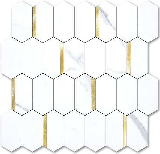 Vamos Tile Long Hexagon Peel and Stick Backsplash Tile - 10 Sheets Stick on Backsplash for Kitchen and Bathroom 12.4 x 12 Inch White Marble Look PVC Mixed Metal Gold Self Adhesive Mosaic Wall Tiles
