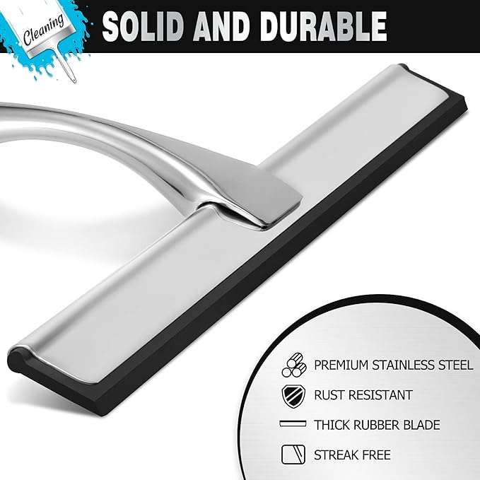 NETANY Shower Squeegee, 14-Inch Silver Squeegee, All-Purpose Stainless Steel Squeegee for Bathroom, Shower Doors, Mirrors, Tiles and Car Windows - 100% Streak Free
