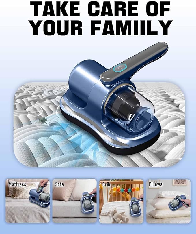 Mattress Vacuum Cleaner, Cordless Bed Vacuum Cleaner with UV Light Sanitizing, Ultrasonic & Heating Tech with 2 PCS HEPA Filters, 2 Speeds Handheld Vacuums for Mattress Sofa, Pet Hair, Carpets