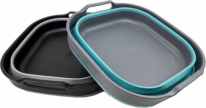 SAMMART 10L (2.64 gallon) Collapsible Dishpan - Foldable Washing Basin - Portable Dish Washing Tub - Space Saving Kitchen Storage Tray (Alloy Grey + Crystal Blue)