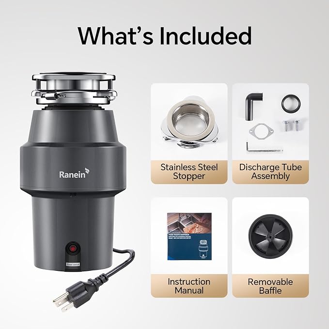 Ranein 1/2 HP Garbage Disposal with Power Cord, Quiet Stainless Steel Grinding, Continuous Feed Kitchen Sink Food Waste Disposer, DeepCut Fine Grinding Anti-Clog System