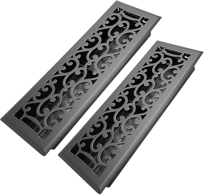 4x14 Inches 2 Pack Heavy Duty Walkable Floor Register - Easy Adjust Air Supply Lever Decorative Floor Vent Covers, Savannah Design Vent Covers for Home - Matte Black