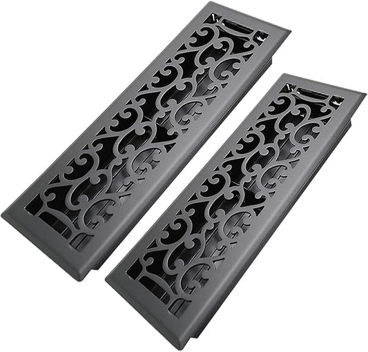 4x14 Inches 2 Pack Heavy Duty Walkable Floor Register - Easy Adjust Air Supply Lever Decorative Floor Vent Covers, Savannah Design Vent Covers for Home - Matte Black