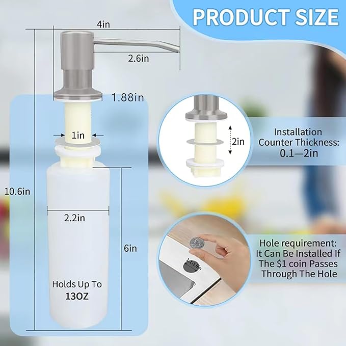 Dish Soap Dispenser for Kitchen Sink Brushed Nickel Under Sink Soap Dispenser Pump Head with 10.14 Ounce PET Soap Bottle and 1.88" Base