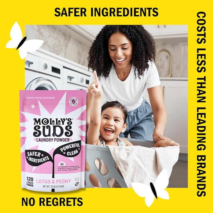 Molly's Suds Original Laundry Detergent Powder | Clean Laundry Detergent Powder for Sensitive Skin | Simple, Effective Ingredients, Stain Fighting | 120 Loads (Lotus & Peony) (Pack of 2)