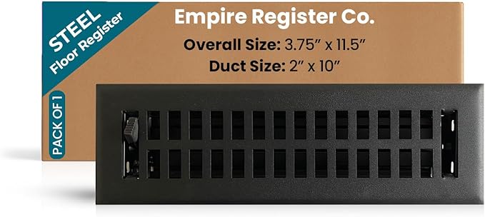 Empire Register Co, Modern Contemporary Design, Steel Register - 2x10 inch, Textured Black Finish, Heavy Duty Steel Floor Vents, Metal Damper Attached Air Vents for Home Floor only