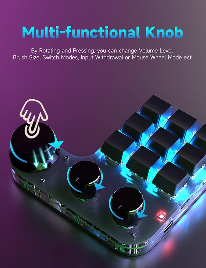 9-Keys USB Mini Keypad, Programming Macro Pad with 3 Knobs, RGB Macro Mechanical Gaming Keyboard for OSU NKRO, Hot-Keys One-Handed Mechanical Keyboard (9Key 2.4G)
