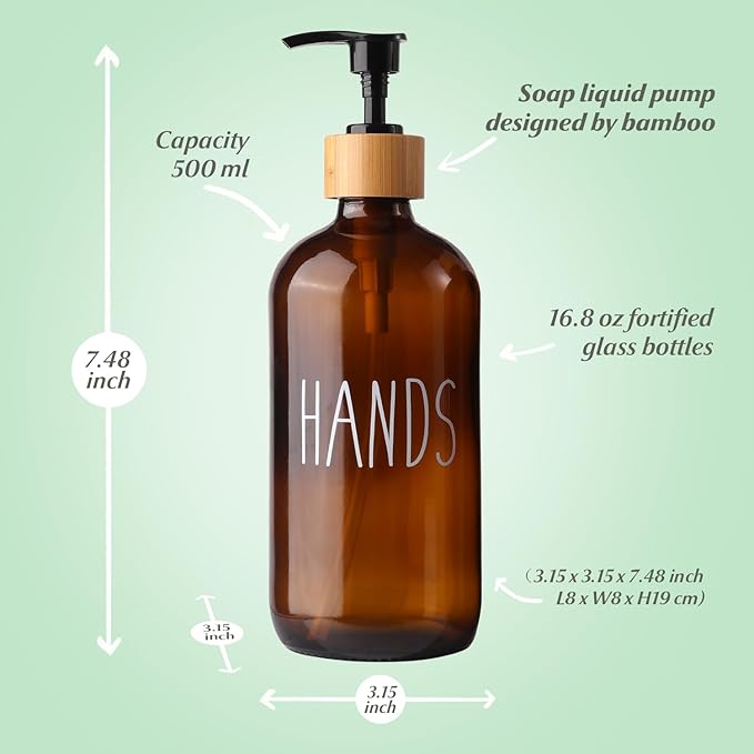 Hand Amber Glass Soap Dispenser with Pump, Amber Hand Soap Dispenser, Refillable Reusable Apothecary Soap Pump Dispenser Bottles for Bathroom and Kitchen Use