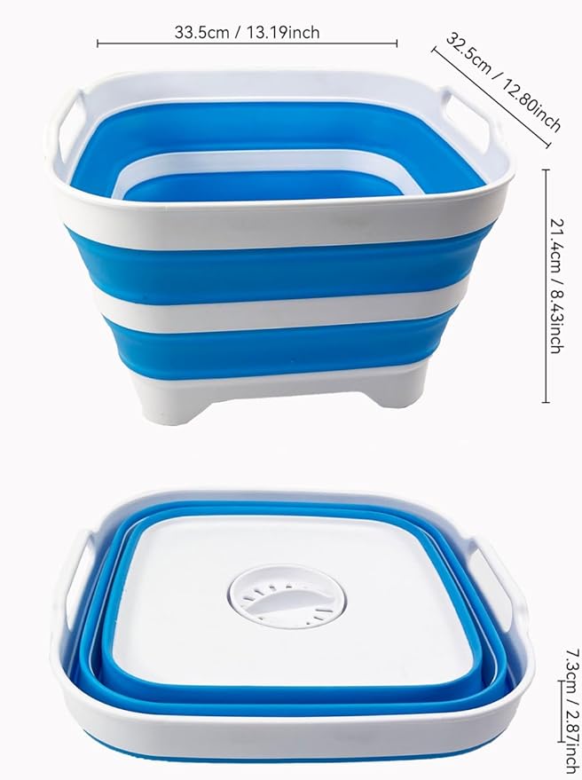 SAMMART 10L (2.64 Gallon) Collapsible Dishpan with Draining Plug - Foldable Washing Basin - Portable Dish Washing Tub - Space Saving Kitchen Storage Tray (White/Aqua Blue/White)