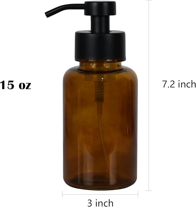 15 oz Amber Glass Foam soap Dispenser with Black Rust-Proof Foam Pump, refillable Thick Glass Foam soap Dispenser for Kitchen and Bathroom (2, 15 oz)