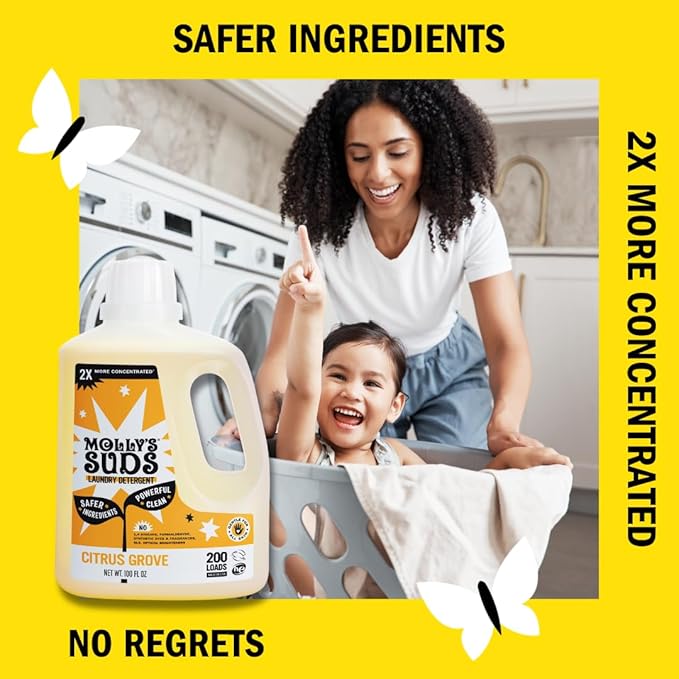 Molly's Suds Liquid Laundry Detergent | Clean Laundry Detergent Soap for Sensitive Skin | 2x Concentrated, High Efficiency (HE) (Citrus Grove - 200 Loads) (Pack of 2)