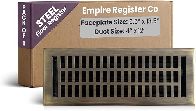 Empire Register Co, Vent Cover - 4x12 inch, Modern Contemporary Design, Antique Brass Finish, Heavy Duty Floor Vent Covers, Metal Damper Attached. Vent Covers for Home Floor only.